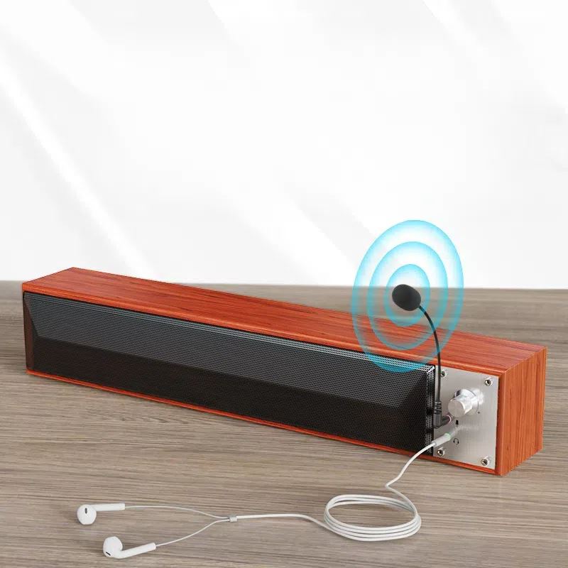 Computer Desktop Soundbar With Microphone, Home Use For Desktops And Laptops, Wired Wooden Bluetooth Mini Speaker.